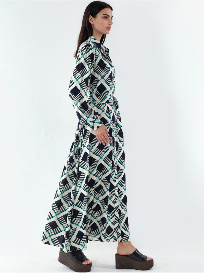 Vestido camiseiro midi aos quadrados com fecho de botões bdart Azul-lago - Kiabi