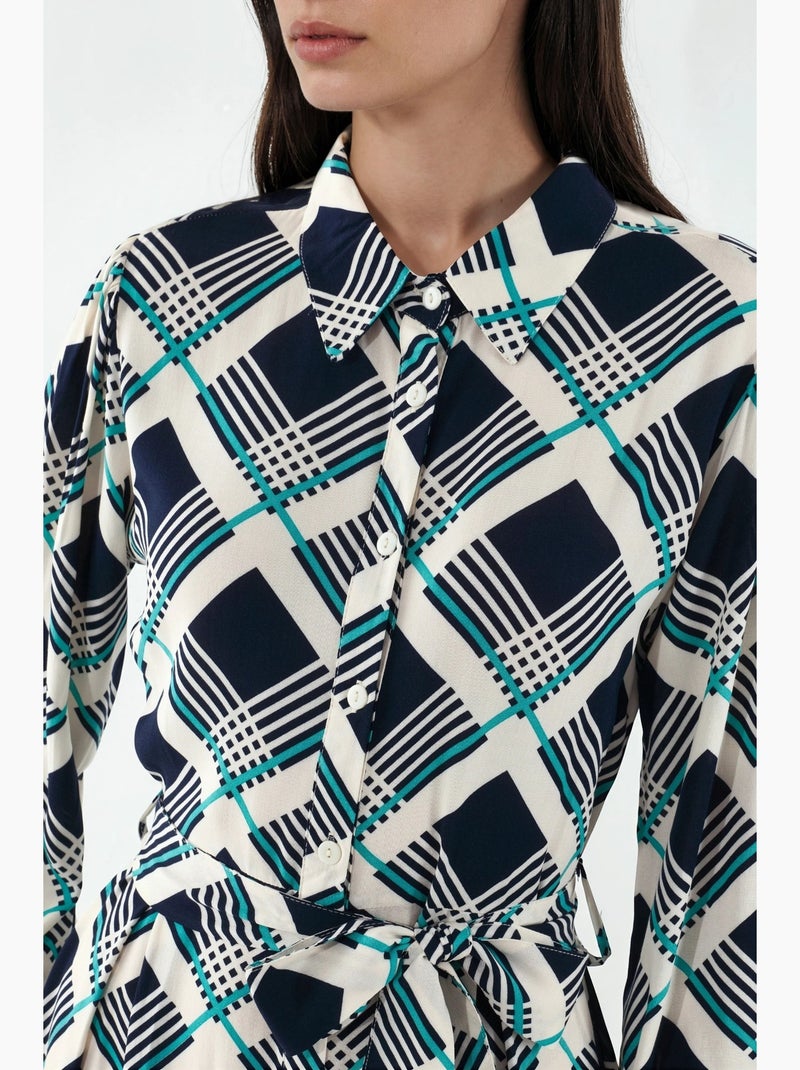 Vestido camiseiro midi aos quadrados com fecho de botões bdart Azul-lago - Kiabi