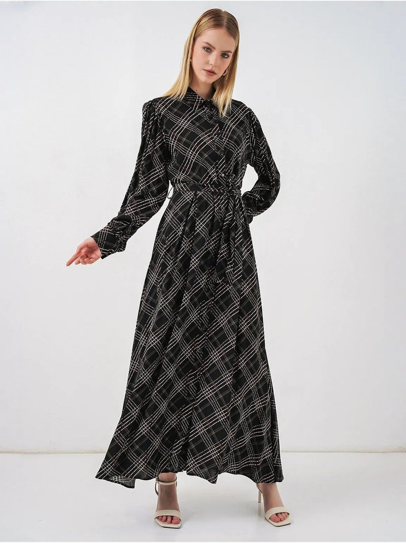 Vestido camiseiro midi aos quadrados com fecho de botões bdart Cinza-preto - Kiabi