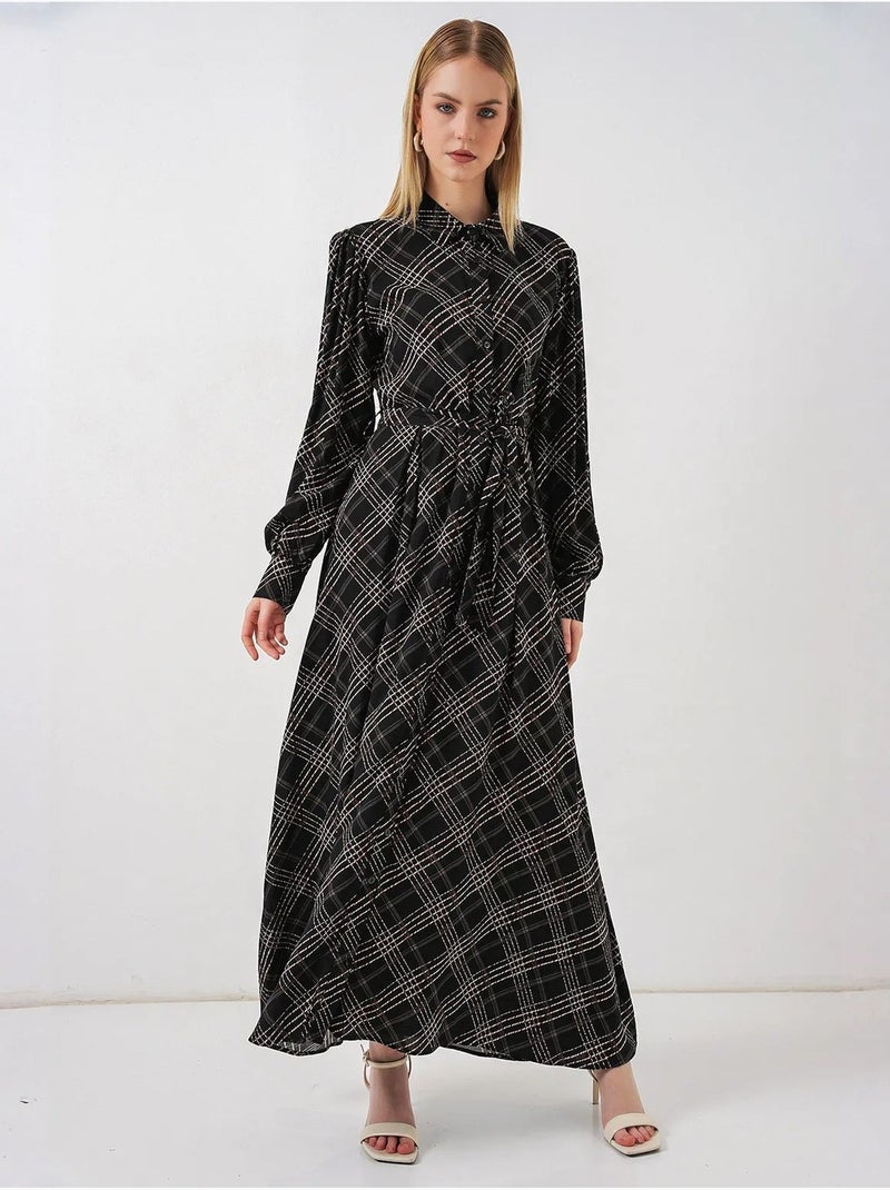 Vestido camiseiro midi aos quadrados com fecho de botões bdart Cinza-preto - Kiabi