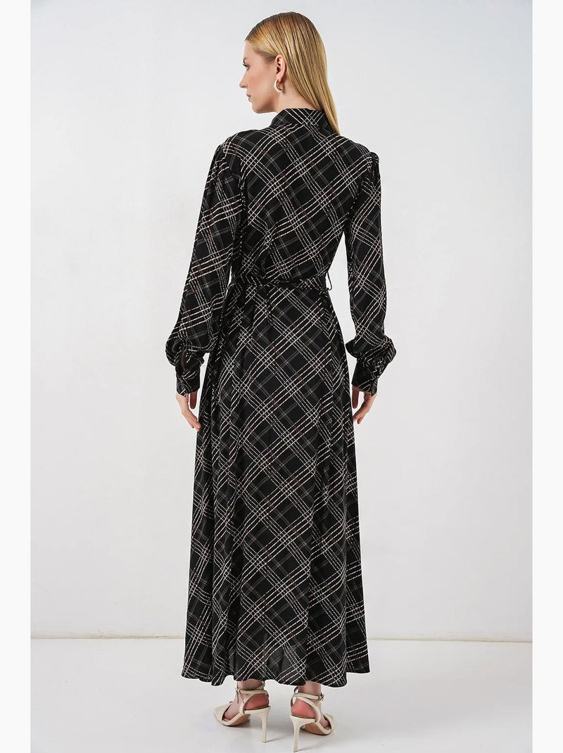 Vestido camiseiro midi aos quadrados com fecho de botões bdart Cinza-preto - Kiabi