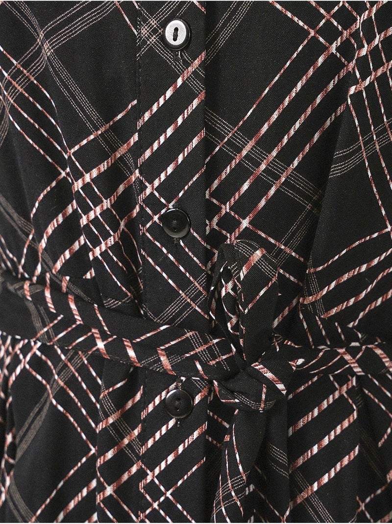 Vestido camiseiro midi aos quadrados com fecho de botões bdart Cinza-preto - Kiabi