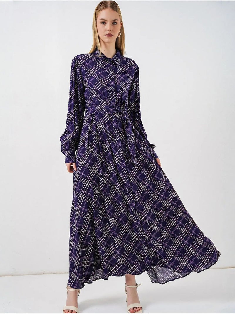 Vestido camiseiro midi aos quadrados com fecho de botões bdart Roxo berinjela - Kiabi