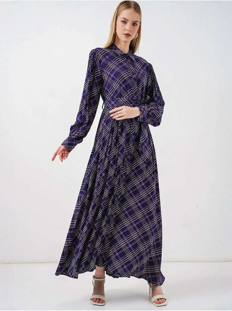 Vestido camiseiro midi aos quadrados com fecho de botões bdart Roxo berinjela - Kiabi