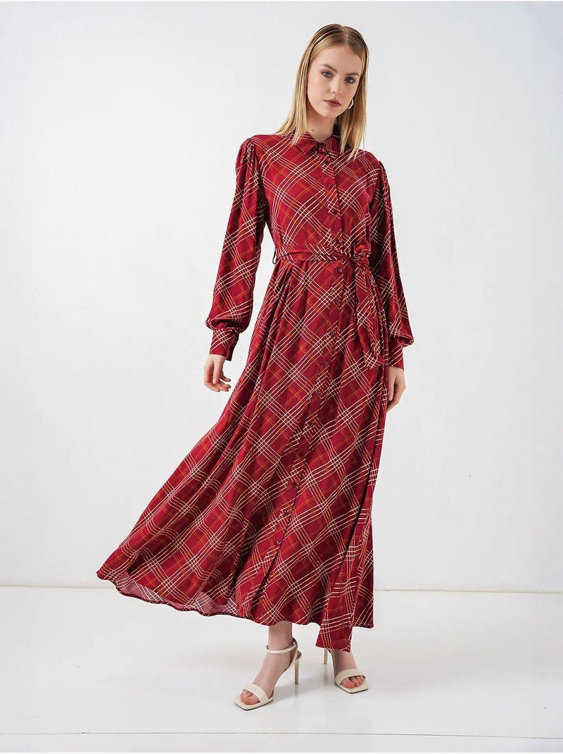 Vestido camiseiro midi aos quadrados com fecho de botões bdart Vermelho bordô - Kiabi
