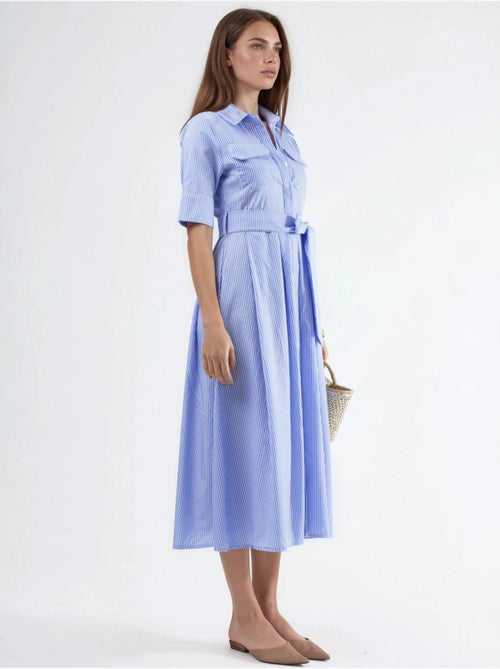 Vestido camiseiro midi às riscas com cinto busem - Kiabi Vestido camiseiro midi às riscas com cinto busem - Kiabi