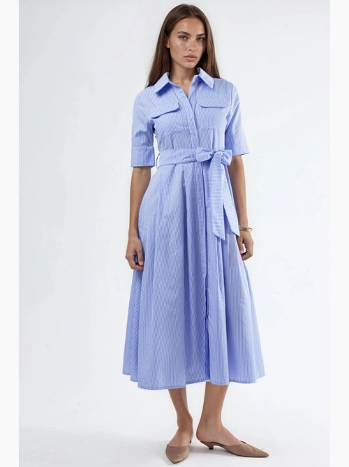 Vestido camiseiro midi às riscas com cinto busem - Kiabi Vestido camiseiro midi às riscas com cinto busem - Kiabi
