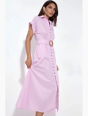 Vestido camiseiro midi às riscas com decote em v e cinto busem