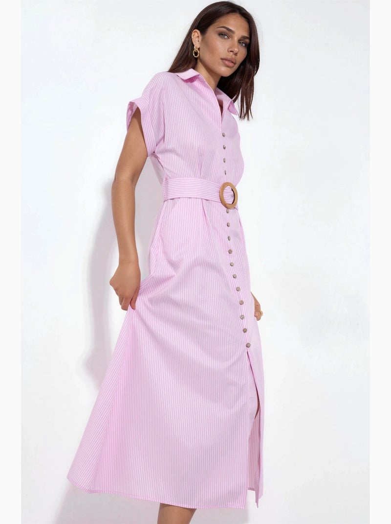 Vestido camiseiro midi às riscas com decote em v e cinto busem Rosa-pálido - Kiabi