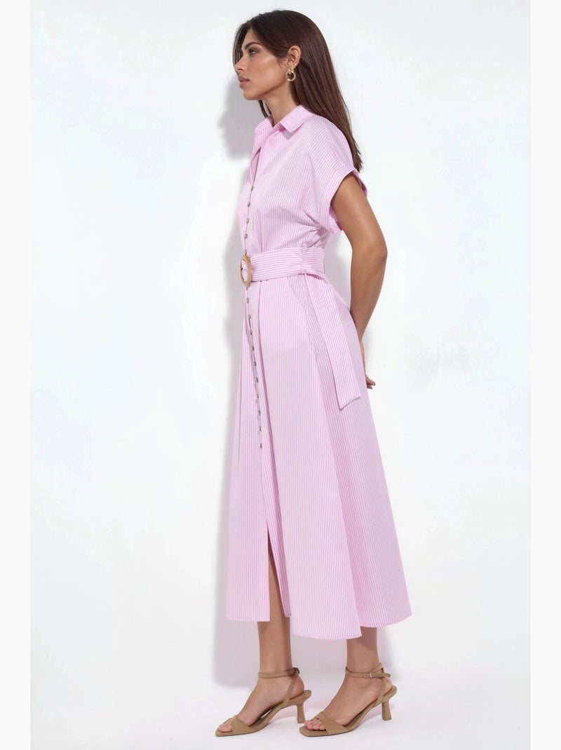 Vestido camiseiro midi às riscas com decote em v e cinto busem Rosa-pálido - Kiabi