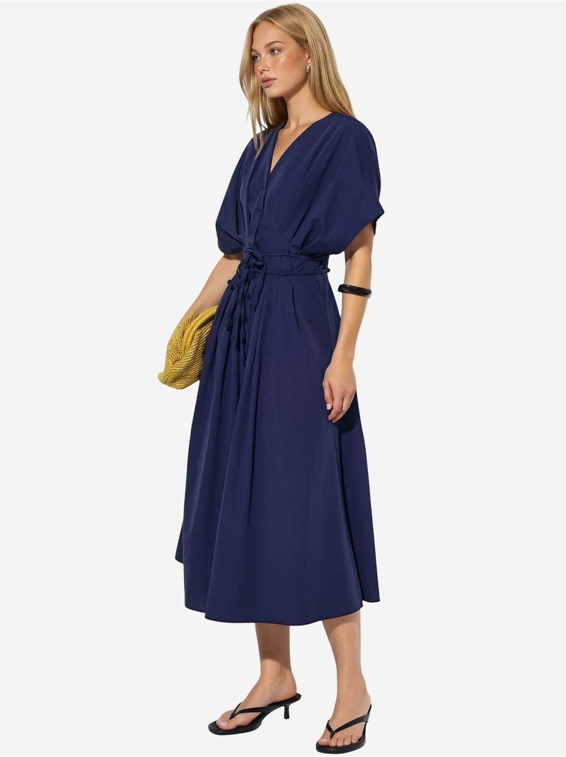 Vestido camiseiro midi casual com decote em v busem Azul-marinho - Kiabi