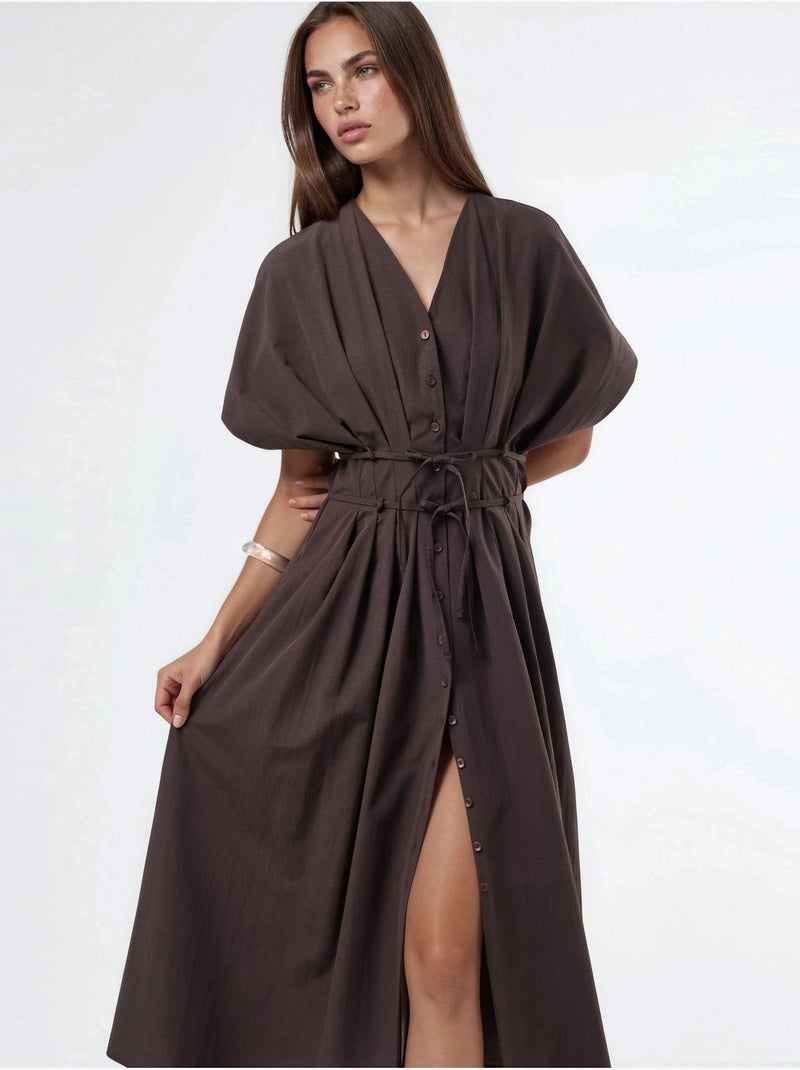 Vestido camiseiro midi casual com decote em v busem Castanho-escuro - Kiabi