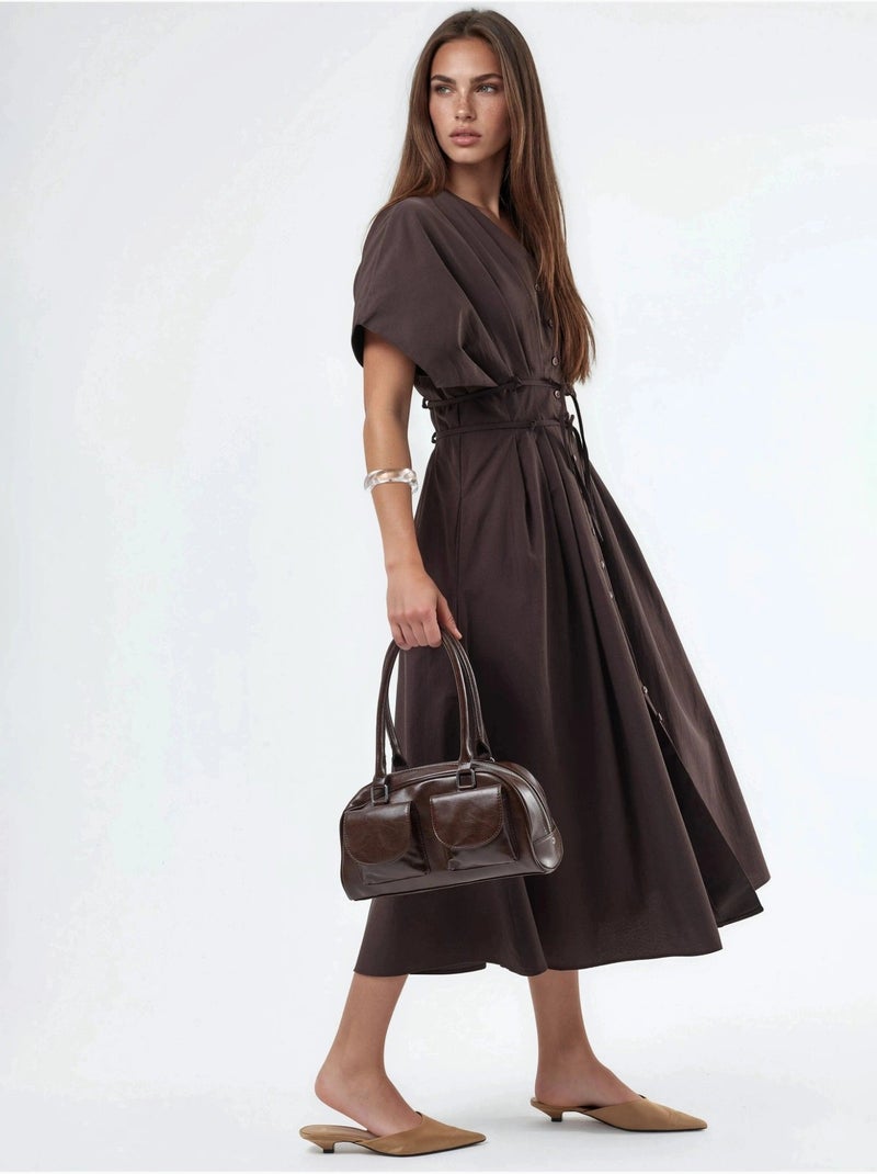 Vestido camiseiro midi casual com decote em v busem Castanho-escuro - Kiabi