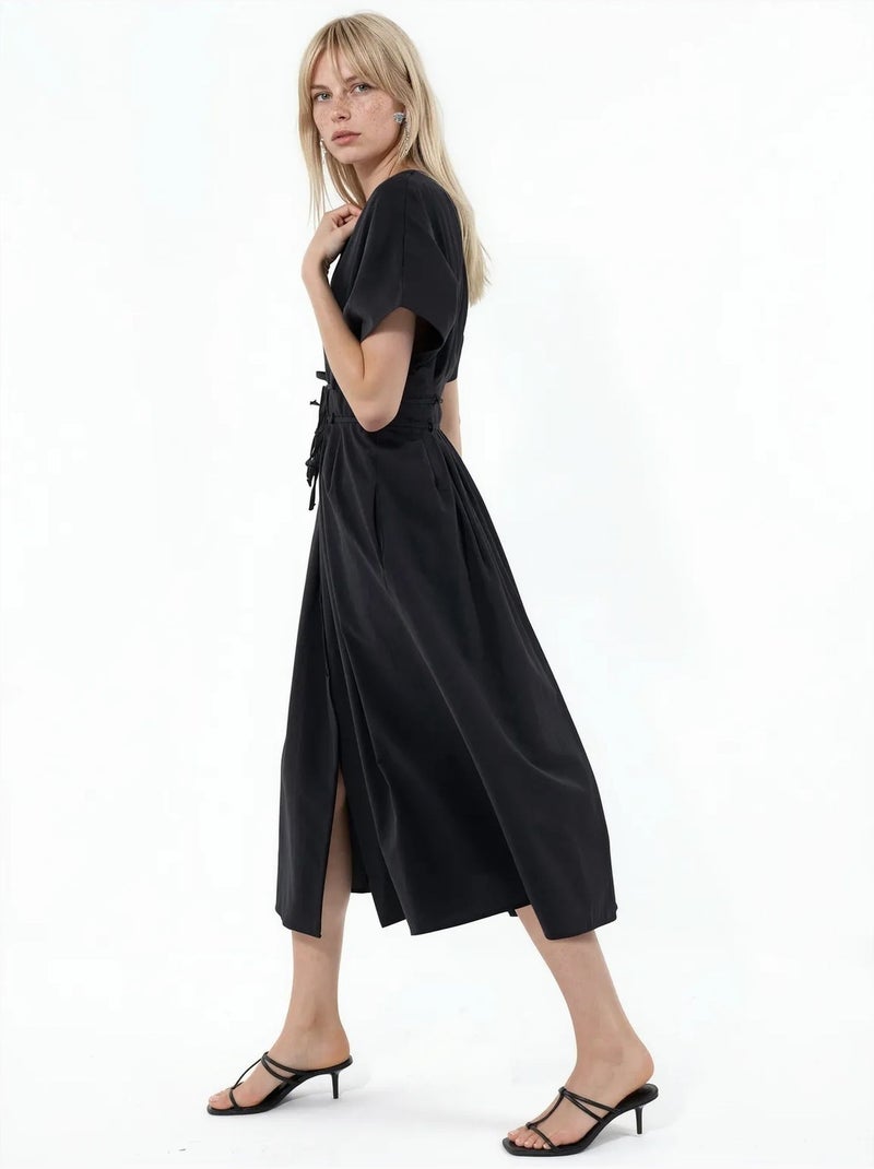 Vestido camiseiro midi casual com decote em v busem Preto - Kiabi