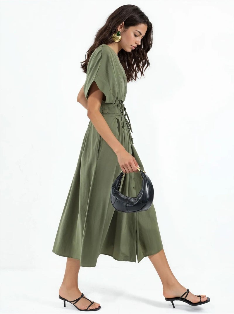Vestido camiseiro midi casual com decote em v busem Verde cáqui - Kiabi