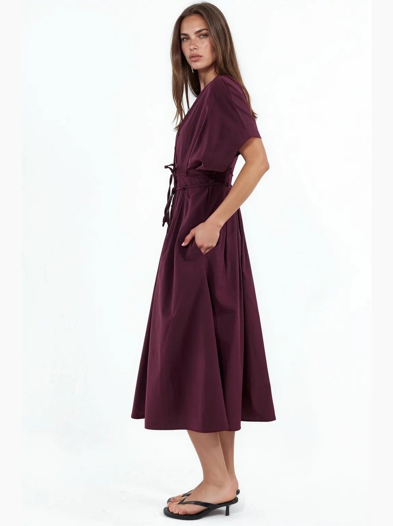 Vestido camiseiro midi casual com decote em v busem Vermelho bordô - Kiabi