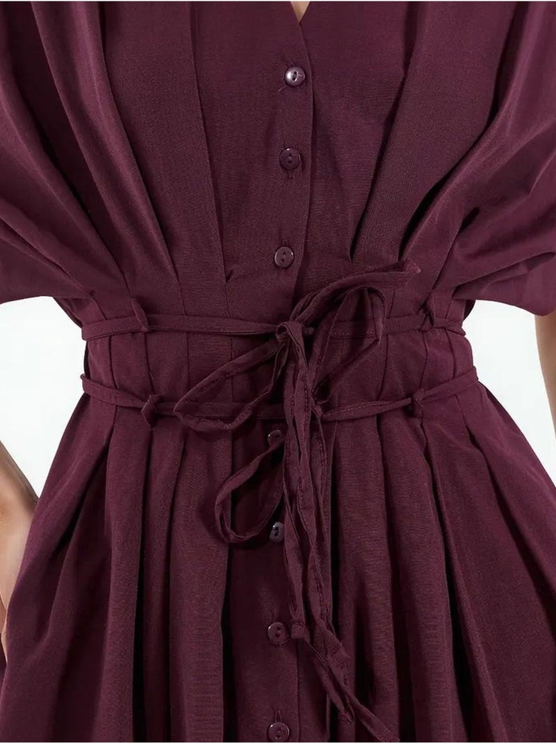 Vestido camiseiro midi casual com decote em v busem Vermelho bordô - Kiabi