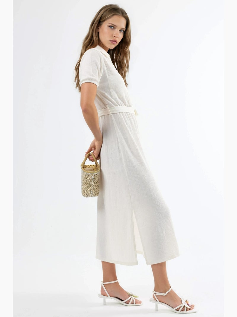 Vestido camiseiro midi com cinto busem Branco - Kiabi