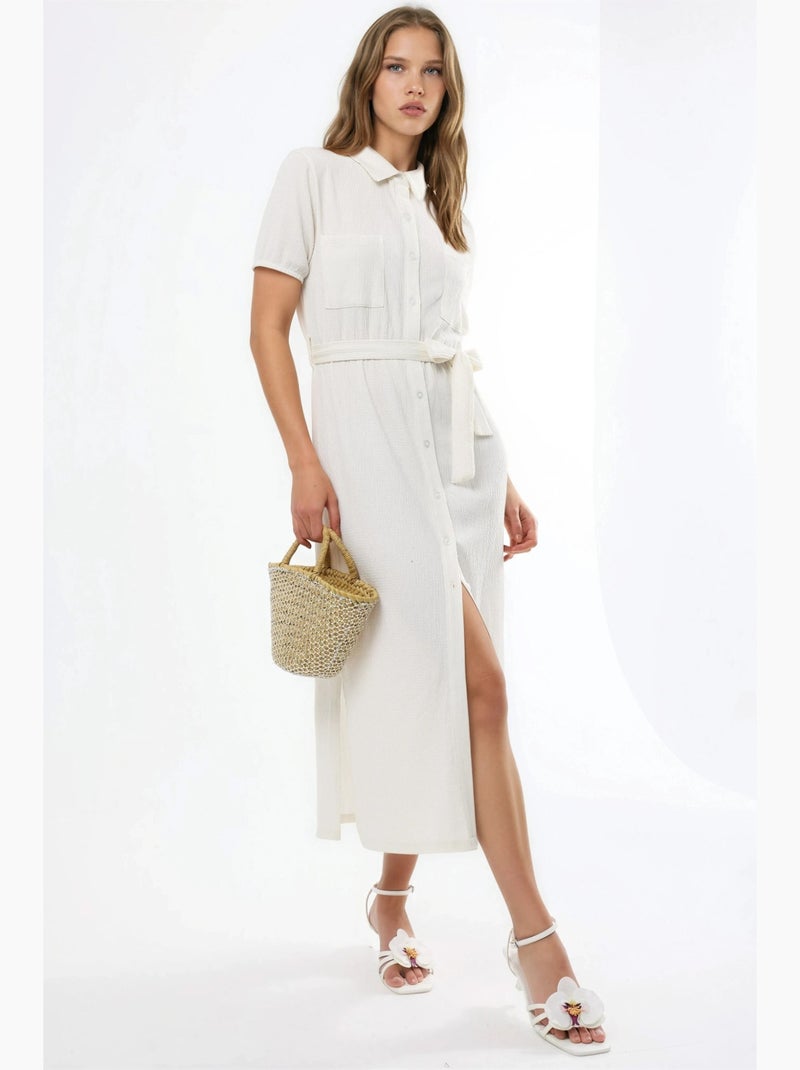 Vestido camiseiro midi com cinto busem Branco - Kiabi
