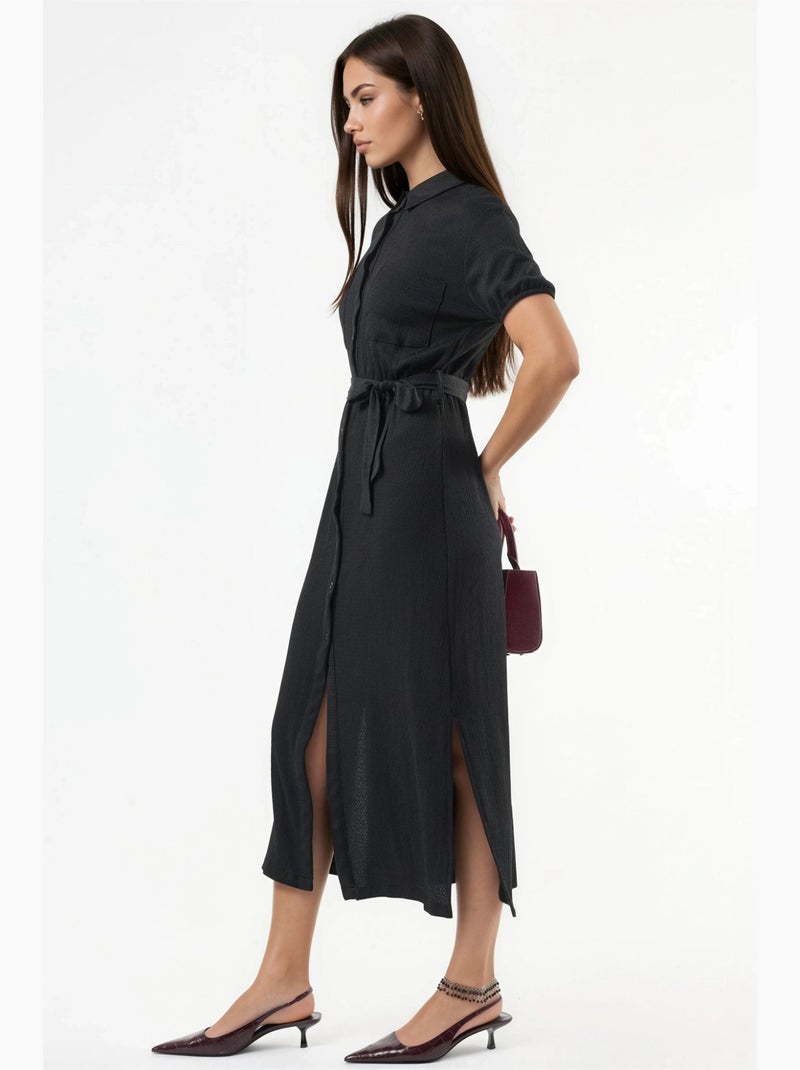 Vestido camiseiro midi com cinto busem Preto - Kiabi