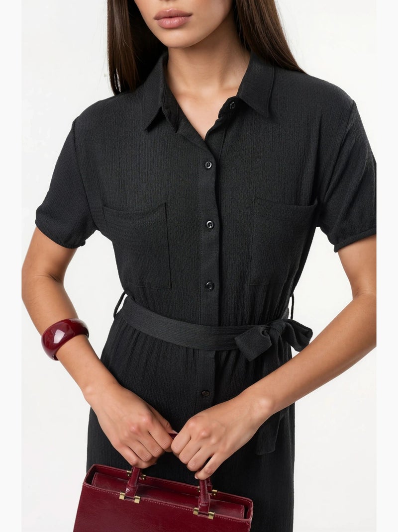 Vestido camiseiro midi com cinto busem Preto - Kiabi