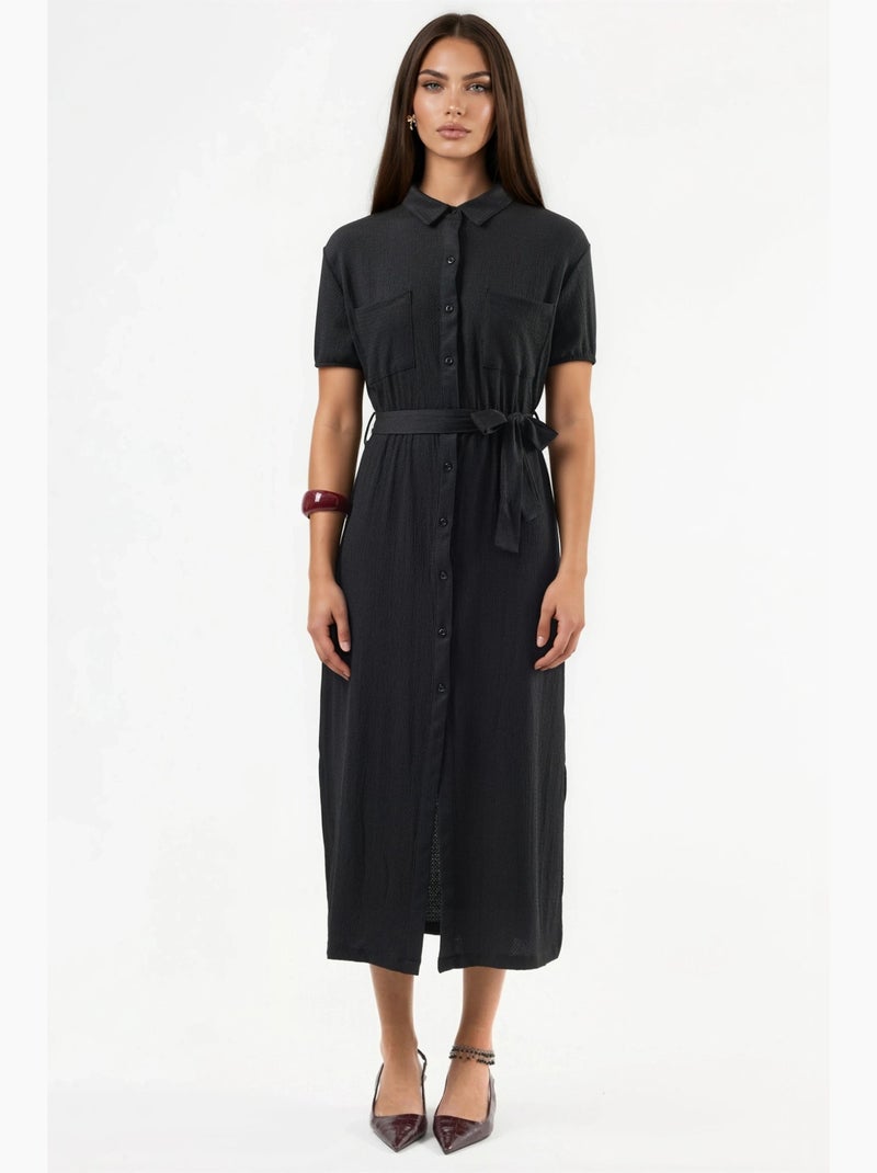 Vestido camiseiro midi com cinto busem Preto - Kiabi
