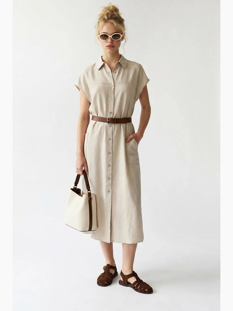 Vestido camiseiro midi com cinto mixray Bege-argila - Kiabi