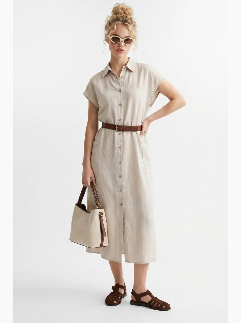 Vestido camiseiro midi com cinto mixray Bege-argila - Kiabi