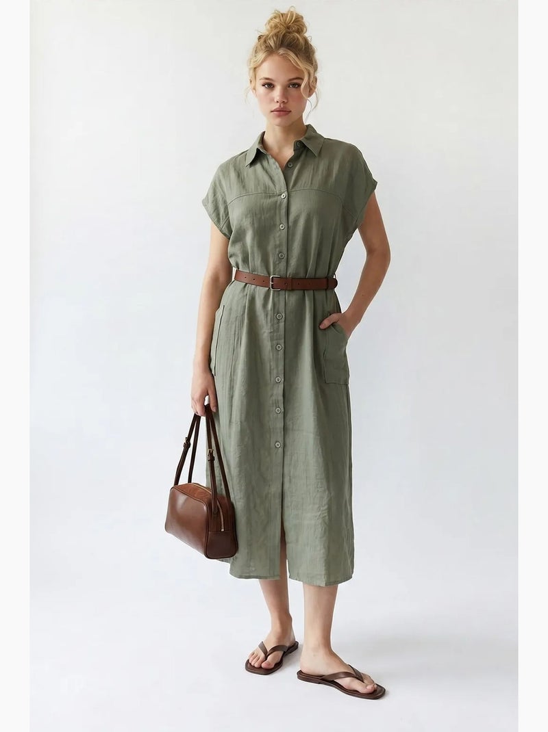 Vestido camiseiro midi com cinto mixray Cáqui - Kiabi