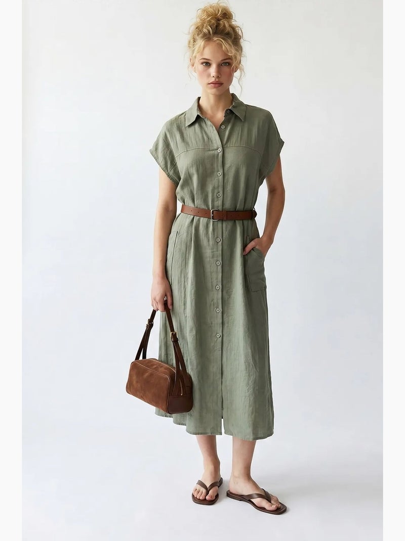 Vestido camiseiro midi com cinto mixray Cáqui - Kiabi