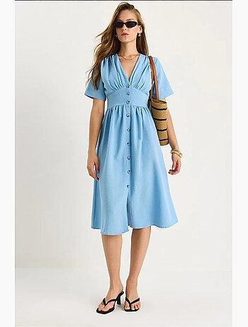 Vestido camiseiro midi com decote em v e botões lucci