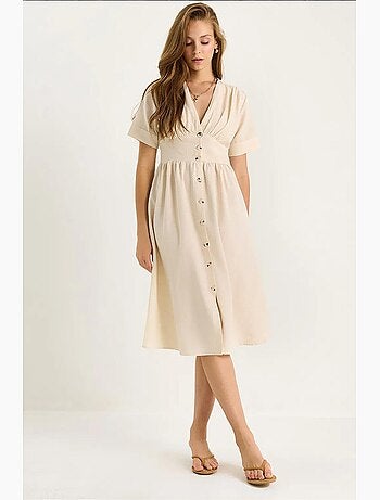 Vestido camiseiro midi com decote em v e botões lucci