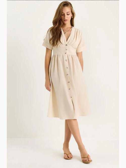 Vestido camiseiro midi com decote em v e botões lucci - Kiabi Vestido camiseiro midi com decote em v e botões lucci - Kiabi