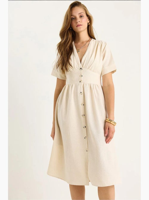 Vestido camiseiro midi com decote em v e botões lucci - Kiabi Vestido camiseiro midi com decote em v e botões lucci - Kiabi