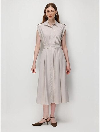 Vestido camiseiro midi em linha a texturizado com cinto mixray