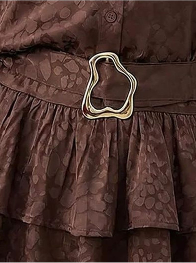 Vestido camiseiro mini com estampado de leopardo e cinto lucci Castanho-chocolate - Kiabi