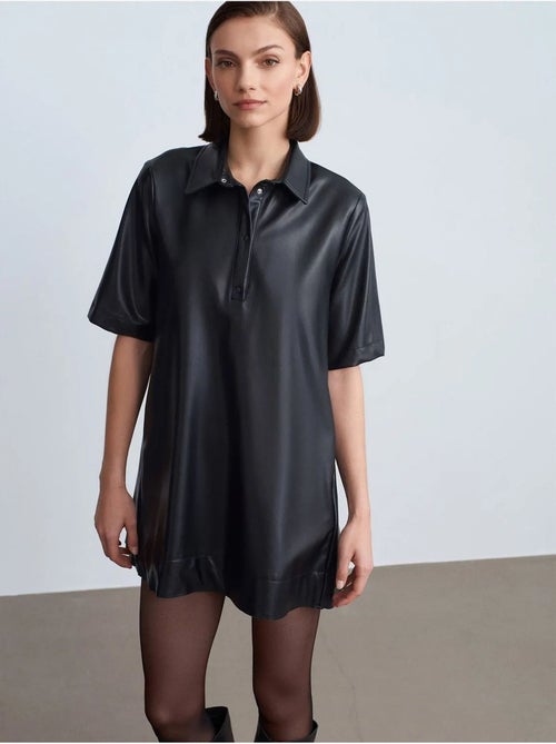 Vestido camiseiro mini em pele sintética de corte largo dilvin - Kiabi