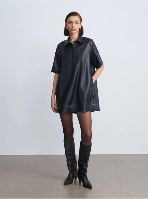 Vestido camiseiro mini em pele sintética de corte largo dilvin - Kiabi