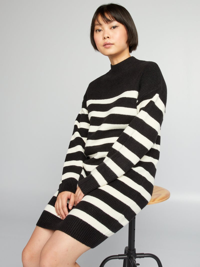 Vestido-camisola às riscas em malha PRETO - Kiabi