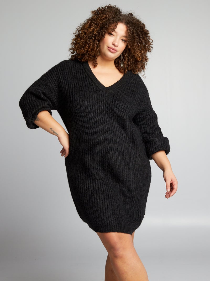 Vestido-camisola canelado com gola em bico Preto - Kiabi