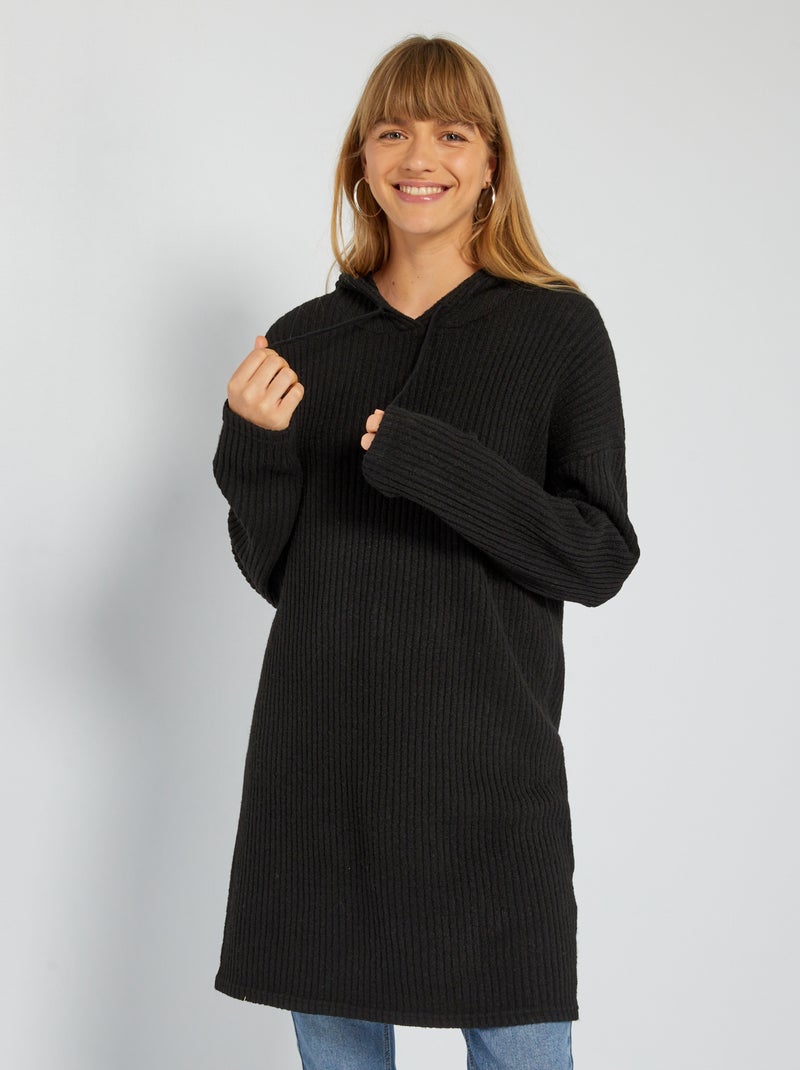 Vestido-camisola com capuz com nervura PRETO - Kiabi