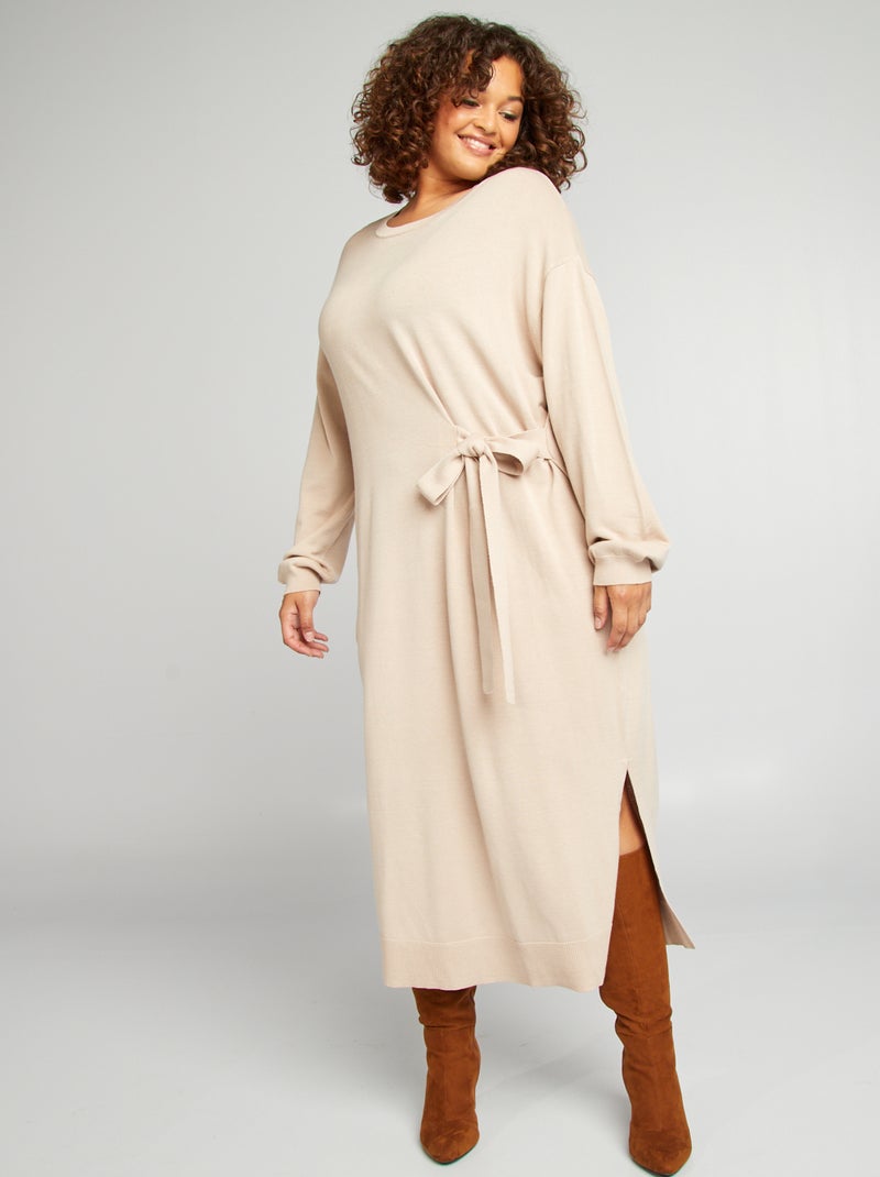Vestido-camisola com cinto para atar BEGE - Kiabi