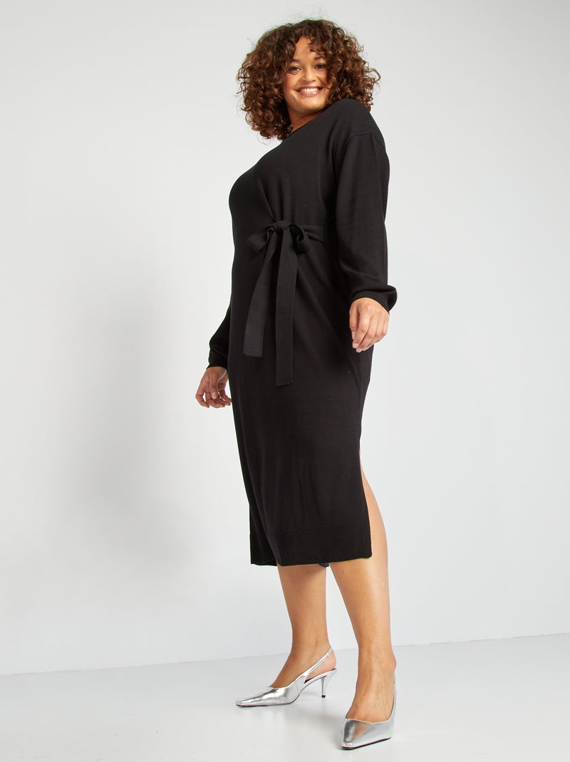 Vestido-camisola com cinto para atar Preto - Kiabi