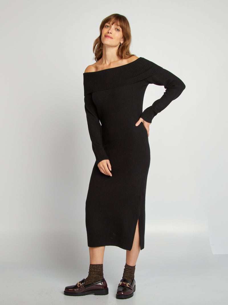 Vestido camisola com gola bardot Preto - Kiabi