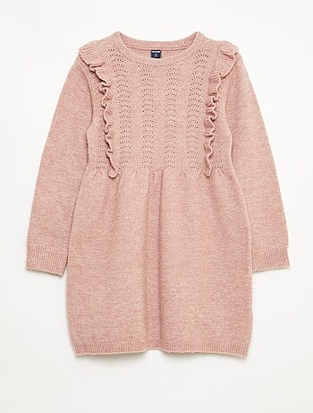 Vestido camisola com malha rendada e folhos