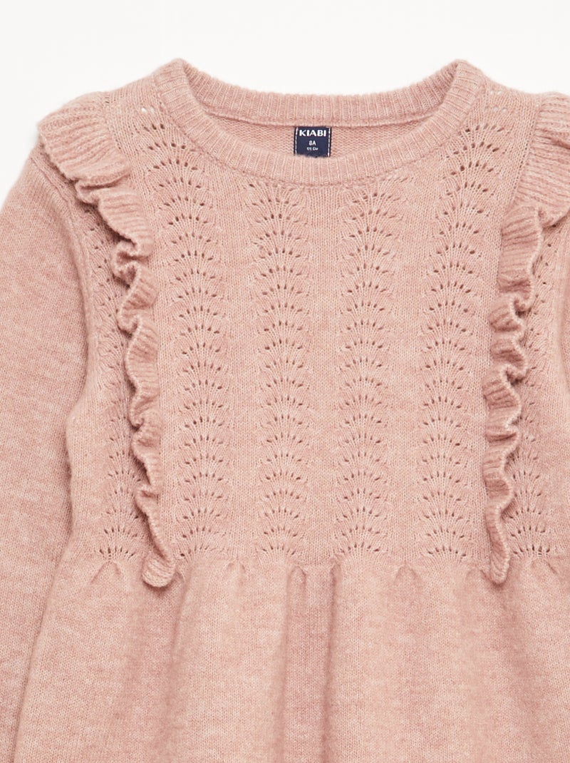 Vestido camisola com malha rendada e folhos Rosa - Kiabi