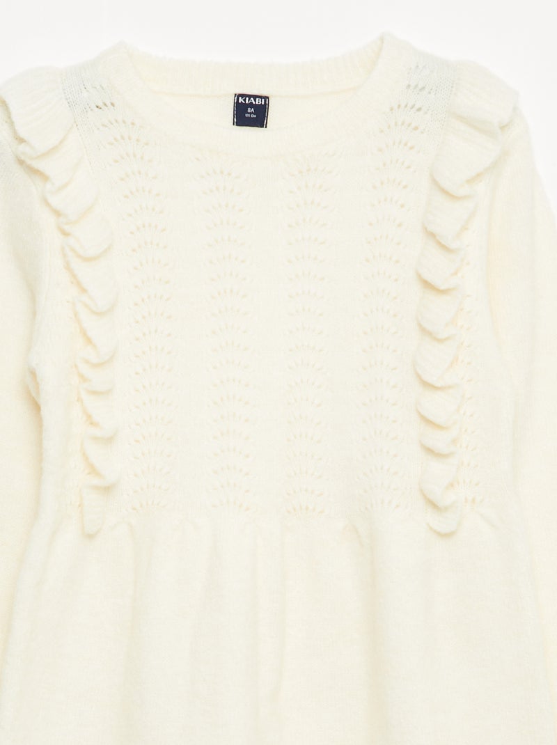 Vestido camisola com malha vazada e folhos Branco - Kiabi