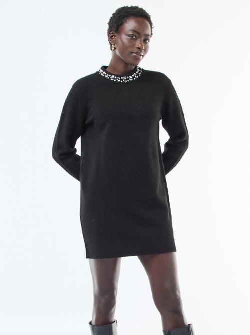 Vestido camisola curto com gola de strass - Kiabi