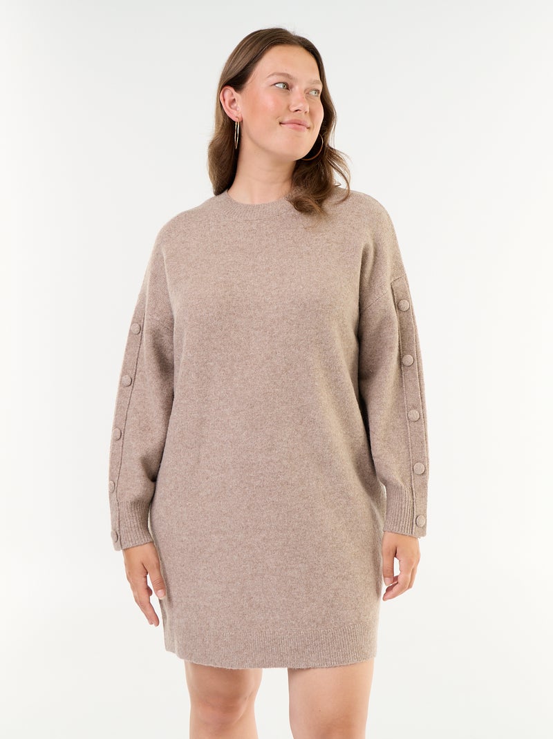Vestido camisola de malha com botões fantasia nas mangas Bege - Kiabi
