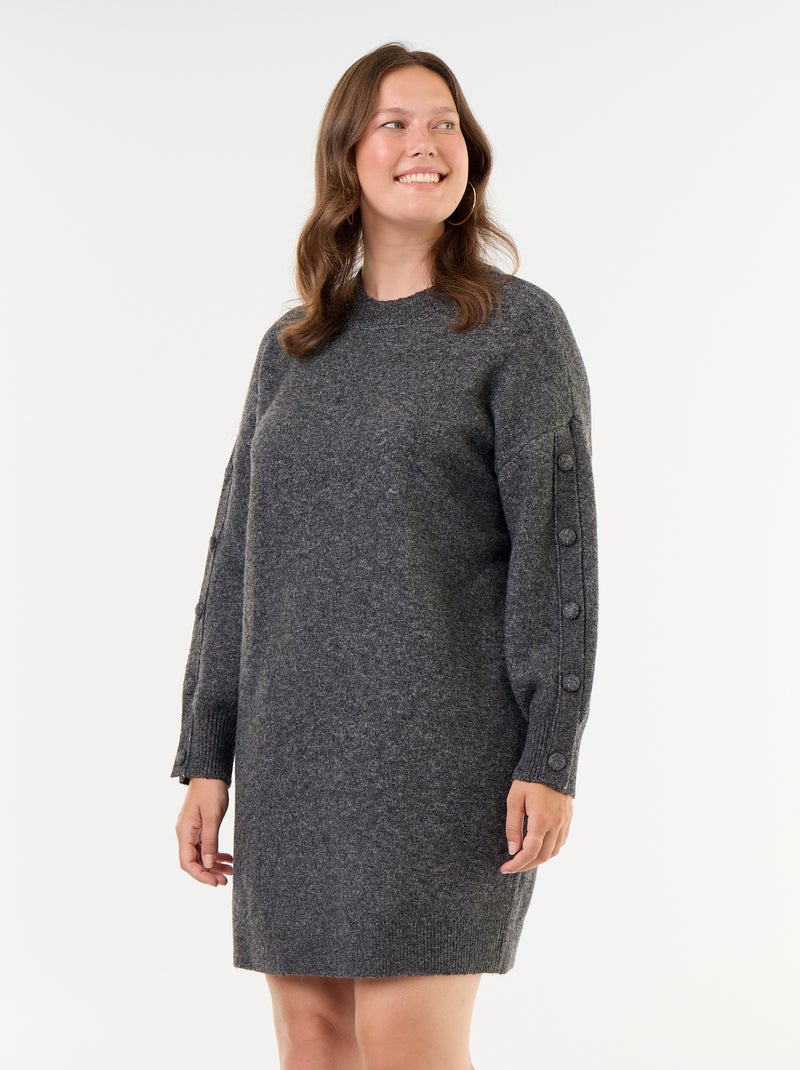 Vestido camisola de malha com botões fantasia nas mangas Cinza - Kiabi